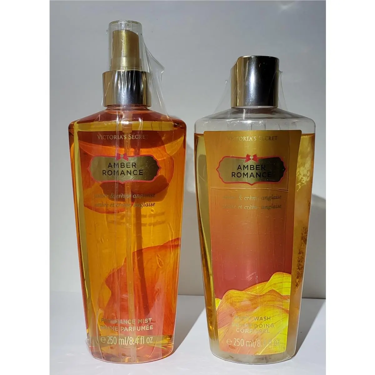 Victoria`s Secret Amber Romance Set of 2 Fragrance Mist + Body Wash Both 8.4oz