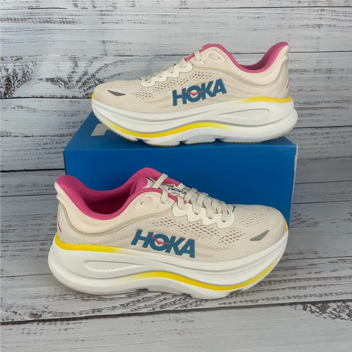 Hoka Bondi 9 Womens 8B Running Shoes Alabaster Birch Pink Yellow