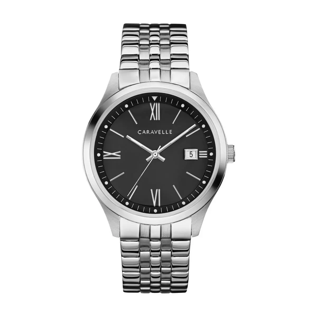 Caravelle by Bulova 43B158 Men`s Black Dial Date Stainless Steel 41mm - Dial: Black, Band: Silver, Bezel: Silver
