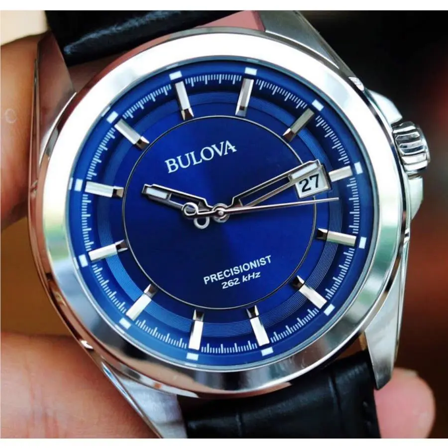 Bulova Precisionist Blue Dial Silver Tone Black Leather Band Men`s Watch 96B257