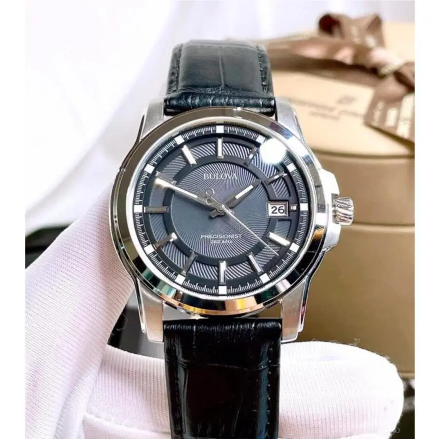 Bulova Precisionist Gray Dial Silver Tone Black Leather Band Men`s Watch 96B158