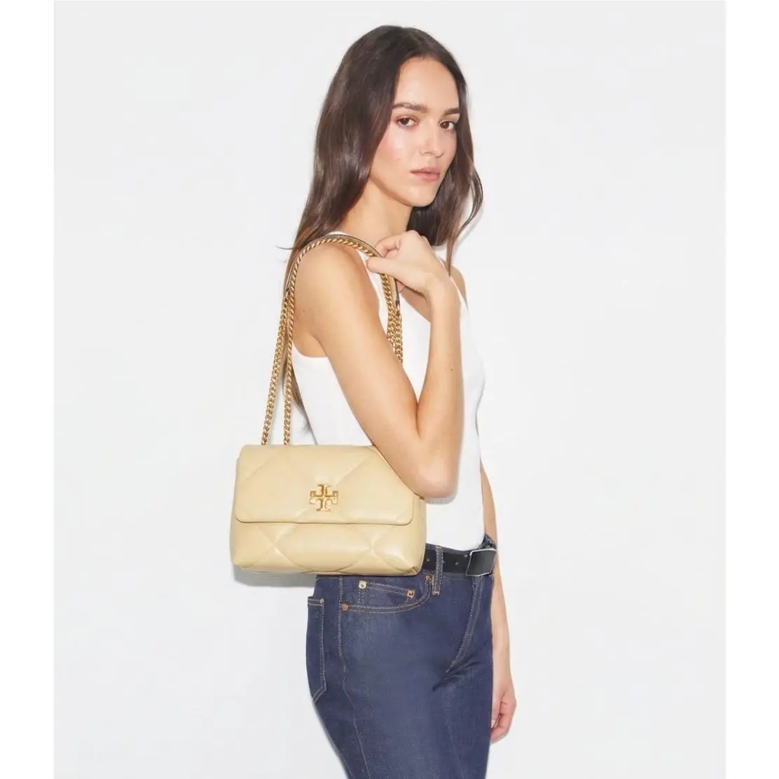 Kira Vanilla Soft Serve Diamond Quilt Italian Leather Shoulder Bag by Tory Burch