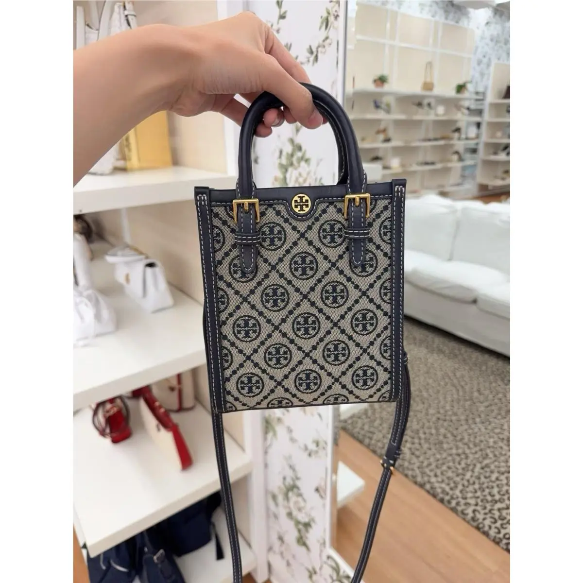 Mini T Monogram Tote 87146 Tory Navy by Tory Burch