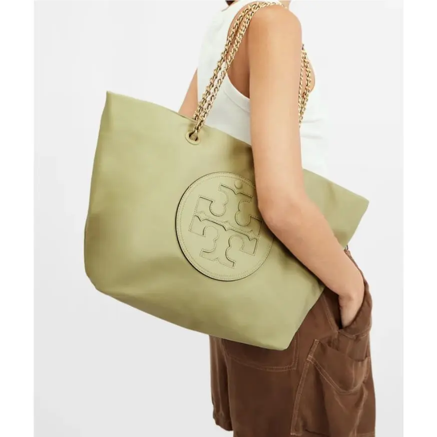 Ella Chain Tote W/logo Patch Pocket - Olive Spring Nylon/leather by Tory Burch