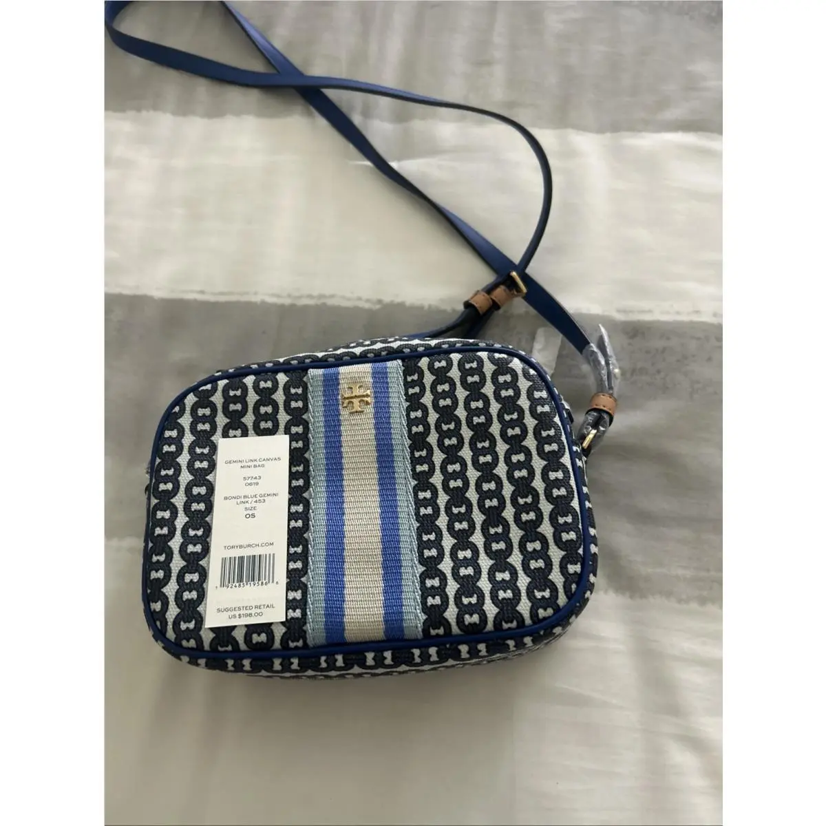 Tory Burch Gemini Link Blue Canvas Bag Stripes Zipper Crossbody Retail