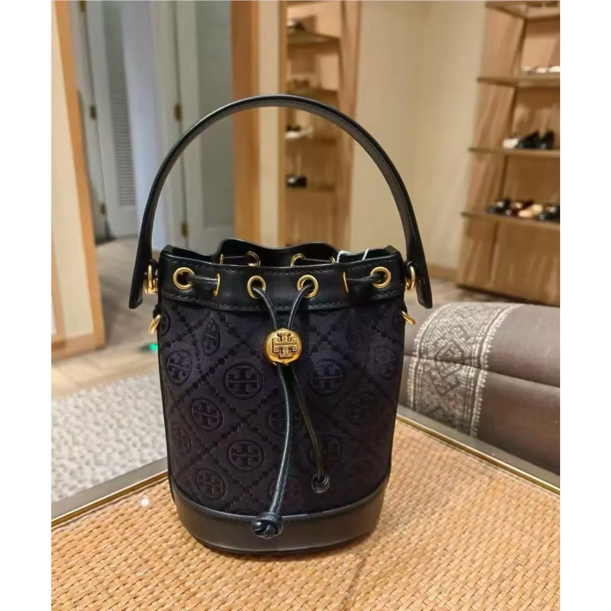 Tory Burch T Monogram Mini Bucket Bag Crossbody in Black