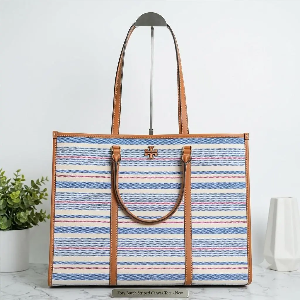 Tory Burch Blake Stripe Canvas Jumbo Tote 175964 Multi/walnut