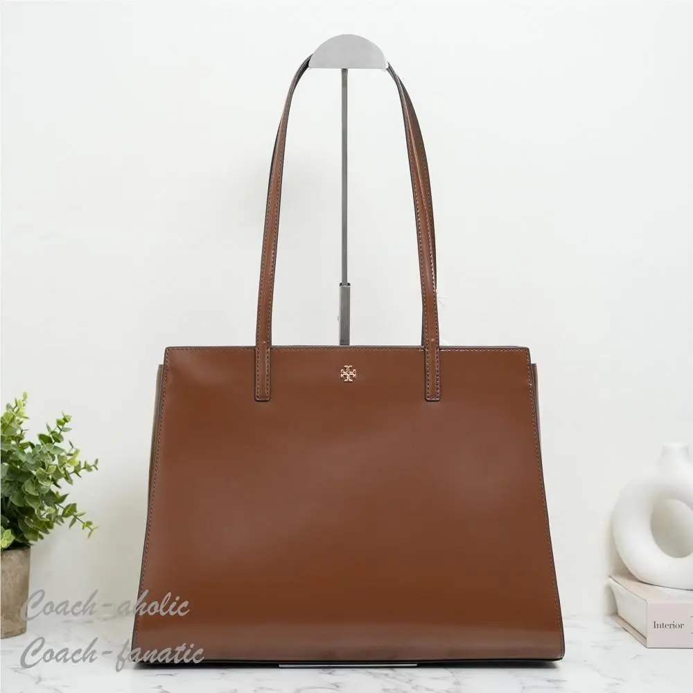 Emerson Patent Leather Work Tote Shoulder Bag in Rich Walnut by Tory Burch
