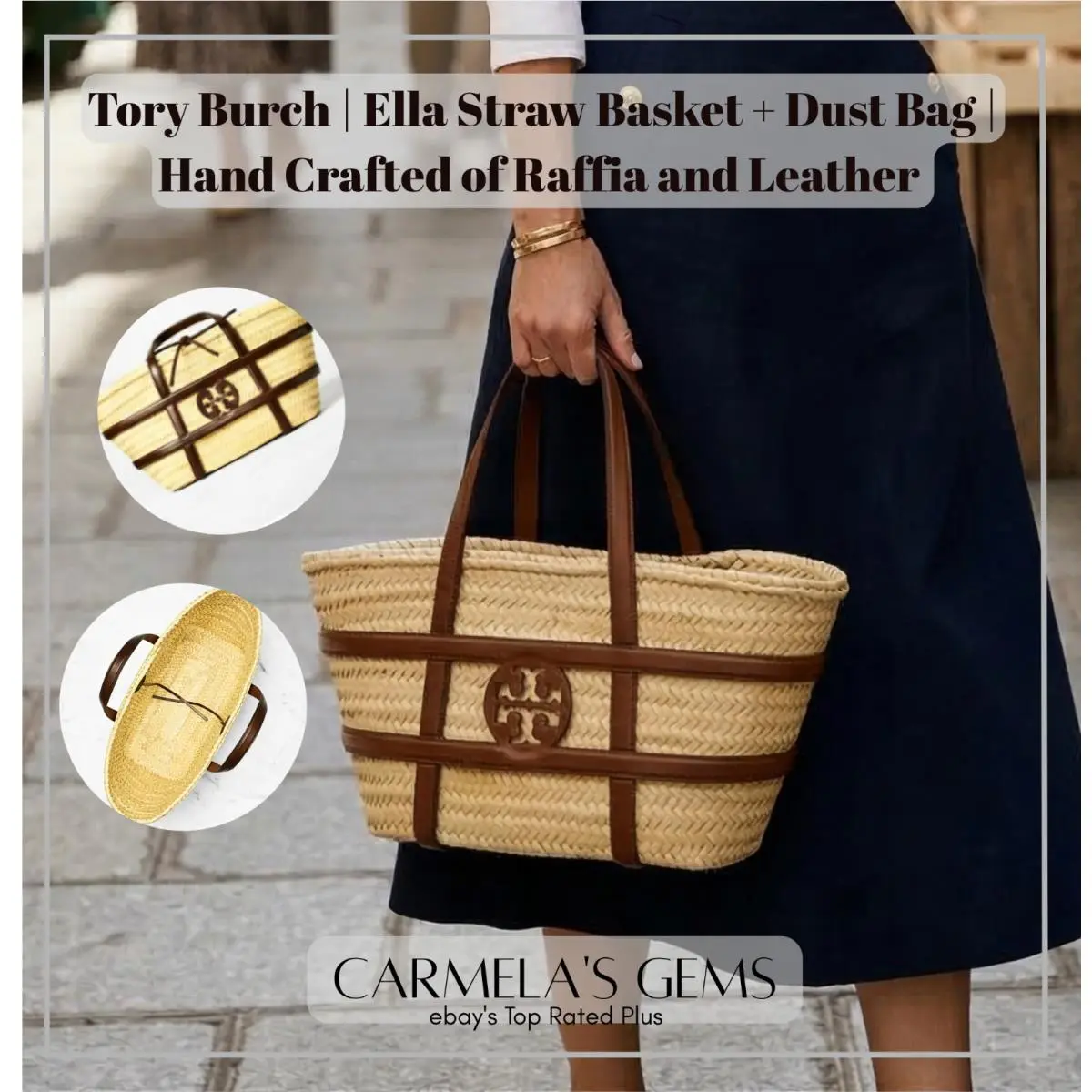 Ella Basket Tote Bag Woven Raffia Leather + Dust Bag Gift by Tory Burch