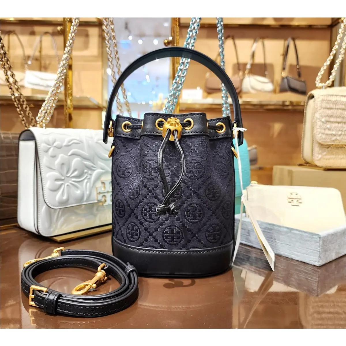 Tory Burch Black Jacquard T Monogram Mini Bucket Bag Crossbody Purse 152130