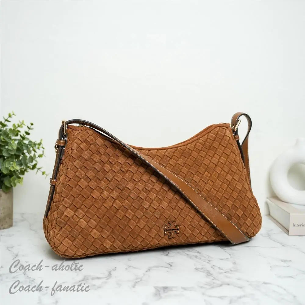 Tory Burch Thea Woven Suede Zip Top Shoulder Bag in Chicory Brown
