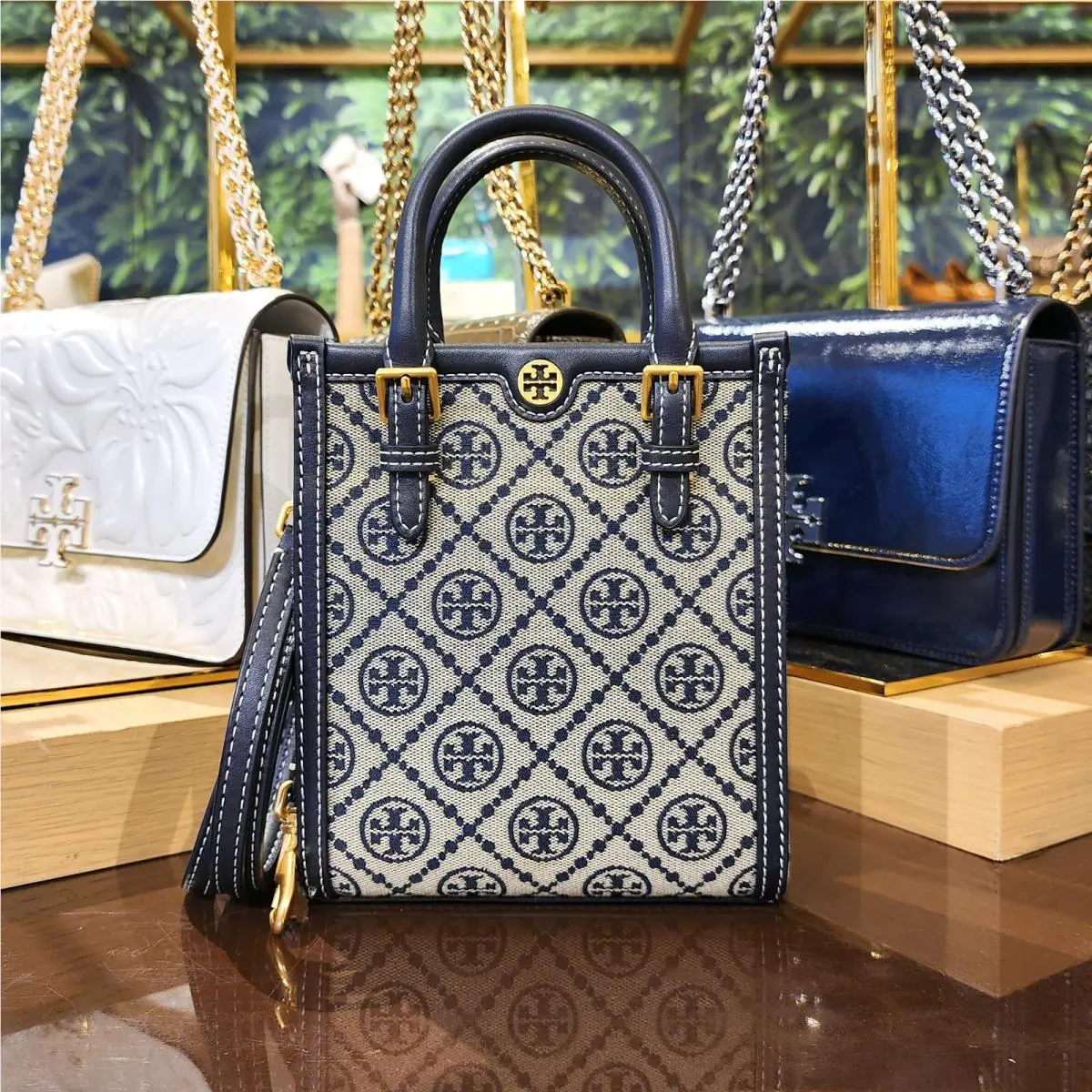 T Monogram Navy Mini N/s Tote Crossbody Purse Bag 87146 by Tory Burch