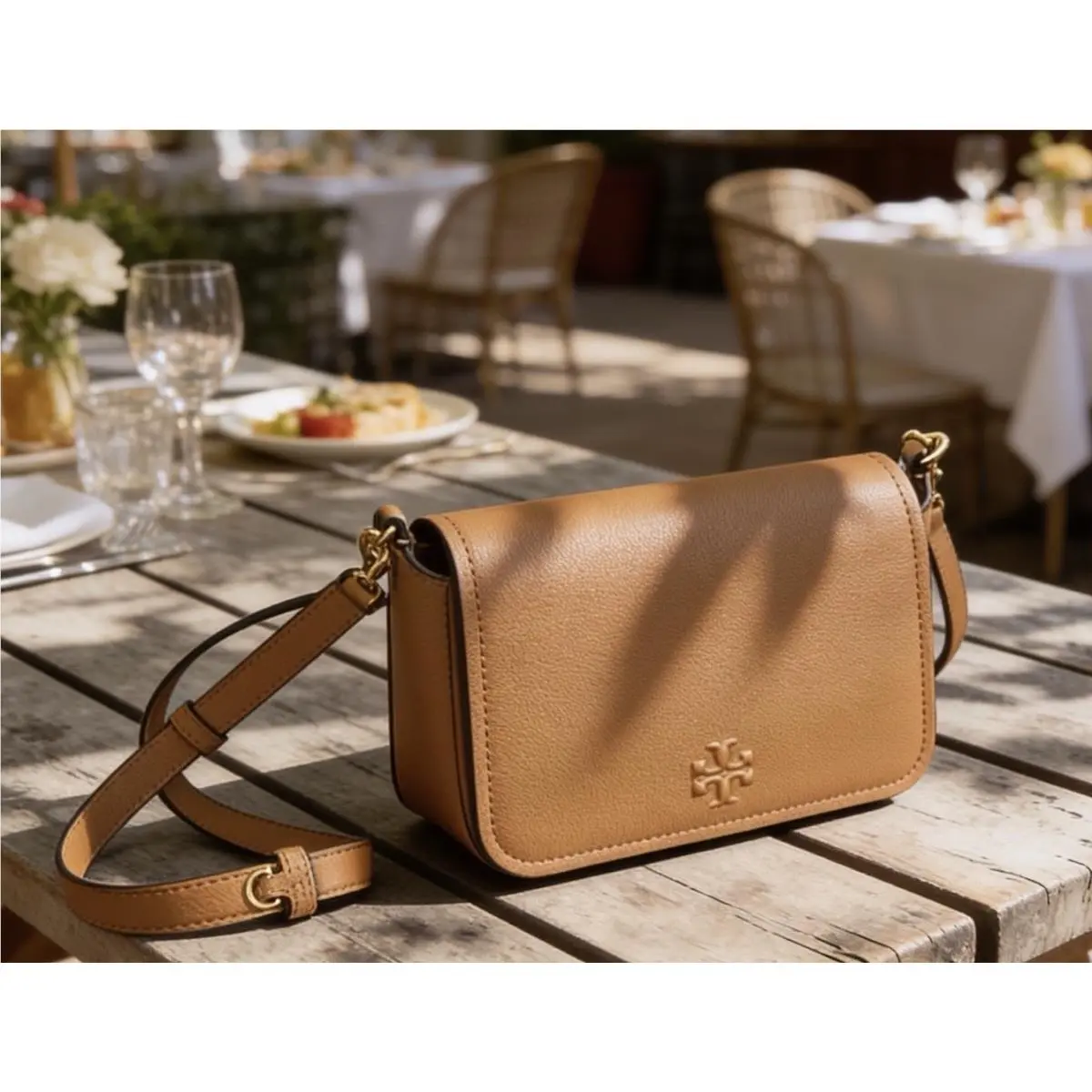 Tory Burch Flap Crossbody 170477 Pebbled Leather Tiramisu Reg Two Straps