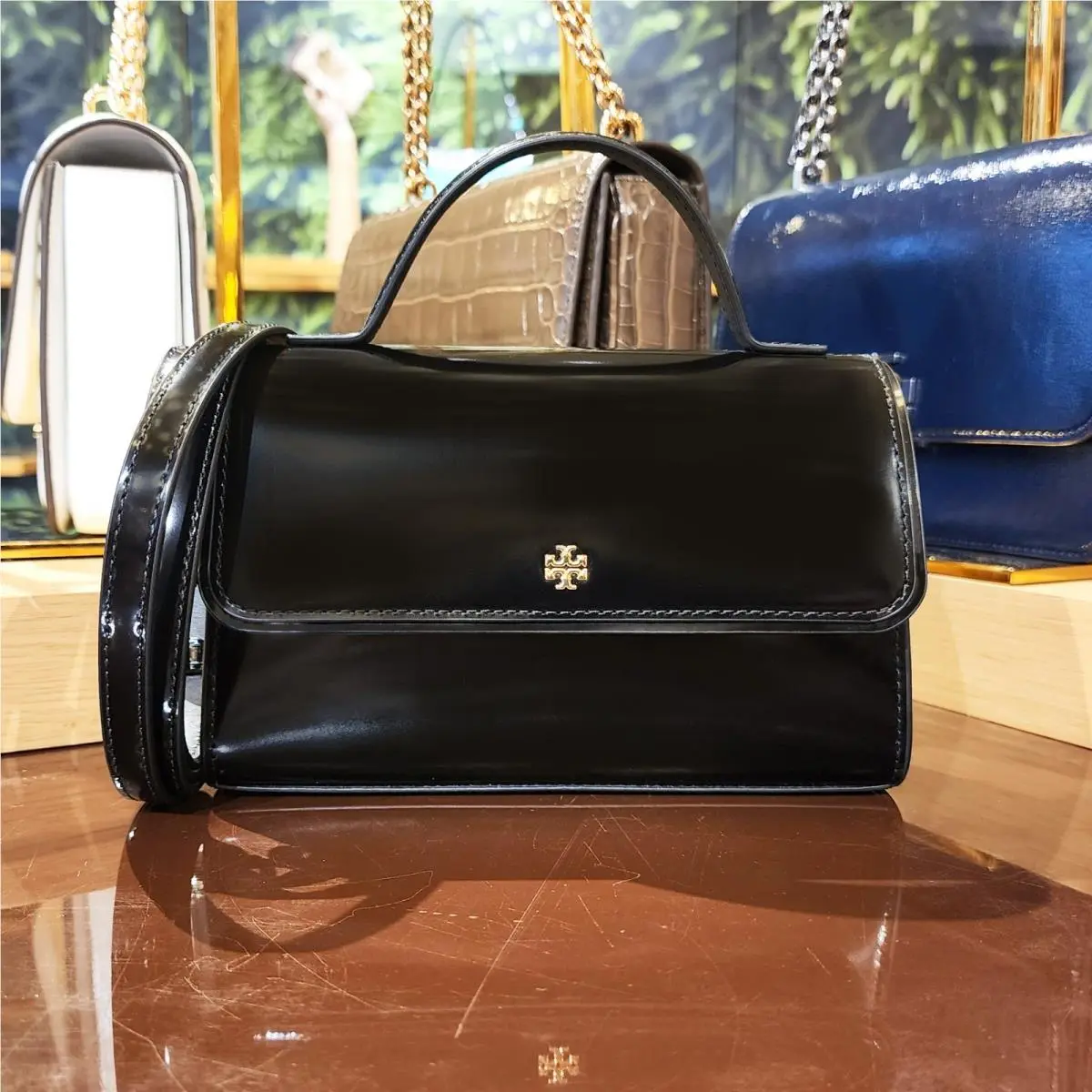 Tory Burch Emerson Smooth Black Leather Top Handle Bag Crossbody 176967
