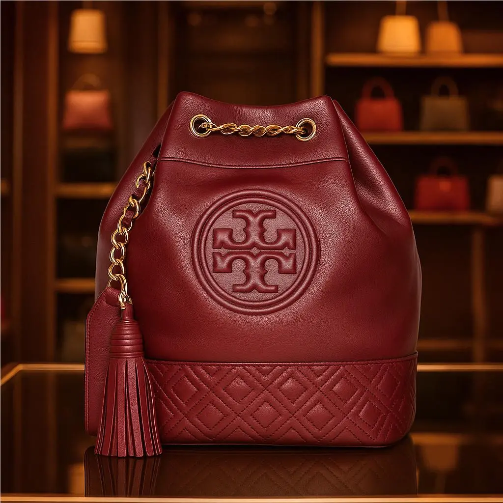 Fleming Imperial Garnet Burgundy Leather Medium Bucket Tote Bag by Tory Burch