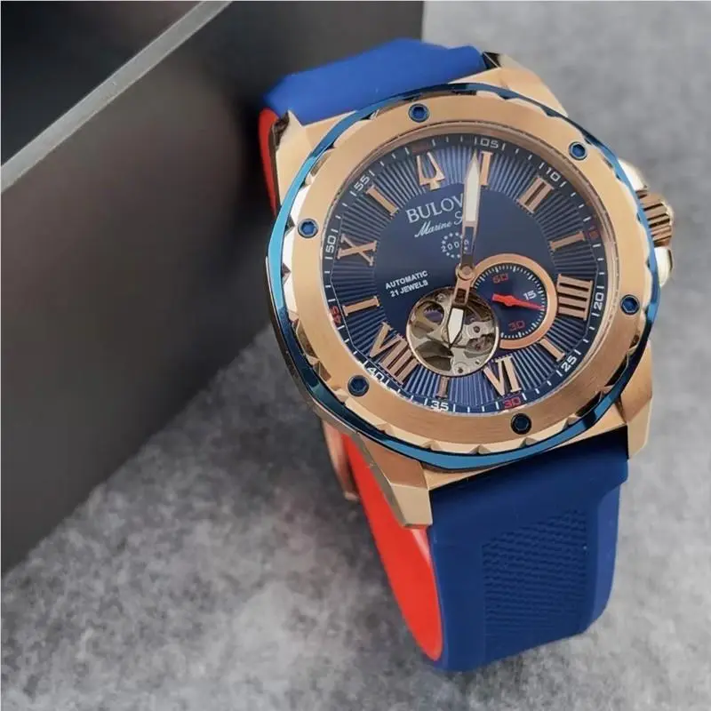 Marine Star 98A227 Blue Gold Dial Rubber Strap Automatic Men`s Watch 45MM by Bulova