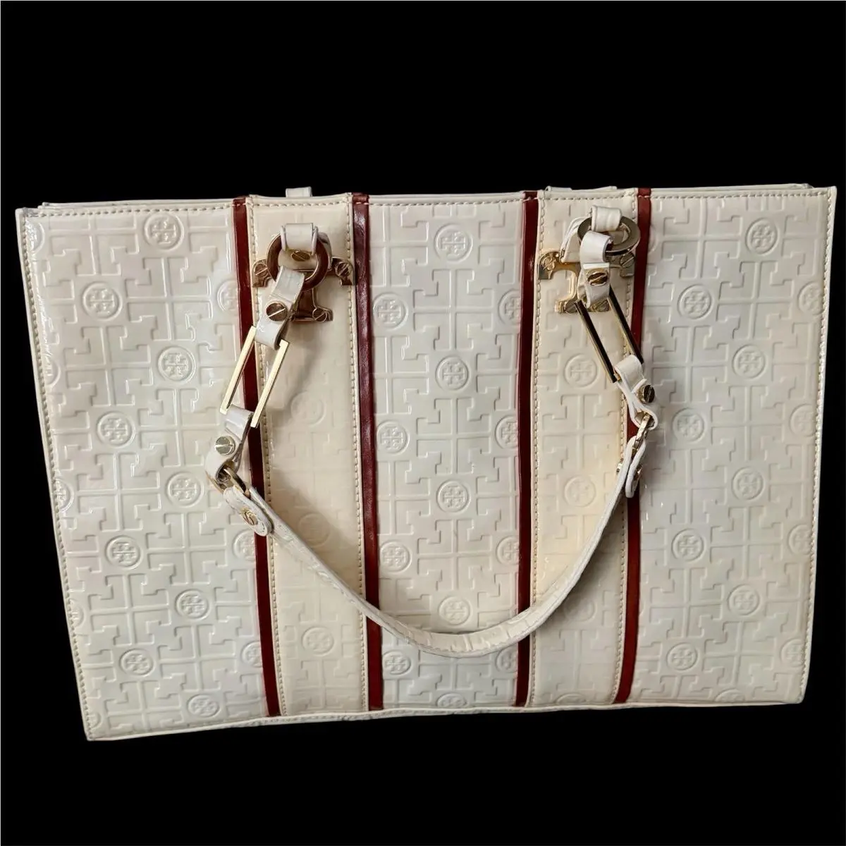 Nico Ivory E/w Tote Bag Embossed Logo Patent Leather W/dustbag by Tory Burch