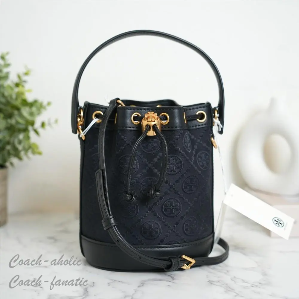 Tory Burch T Monogram Mini Bucket Bag Crossbody in Black