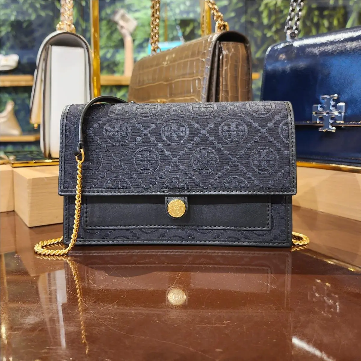 Tory Burch T Monogram Black Jacquard Wallet Crossbody Clutch Purse 152140