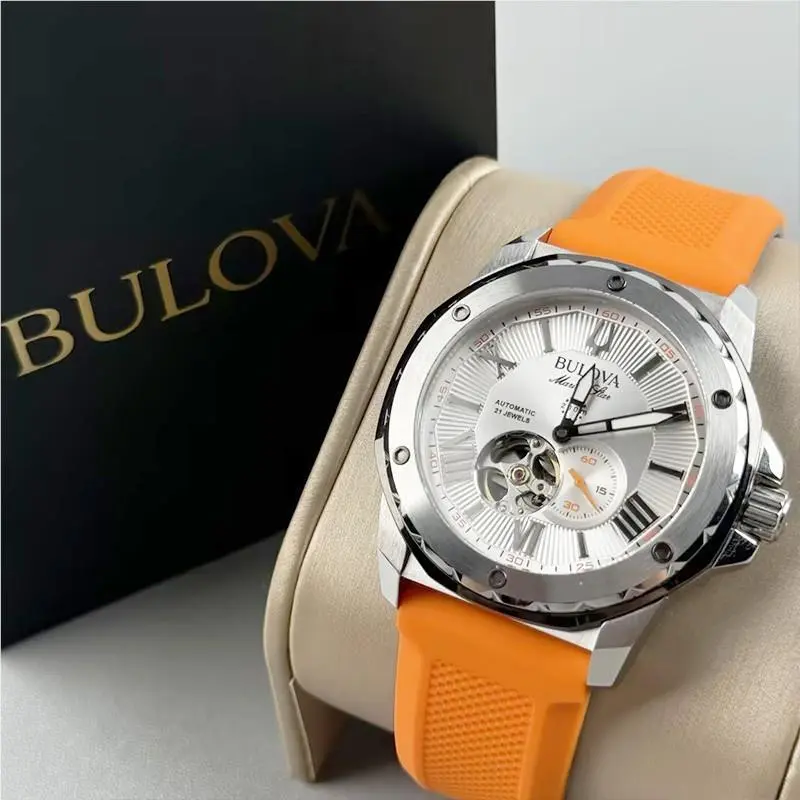 Bulova Marine Star White Dial Orange Silicone Strap Automatic Men`s Watch 98A226