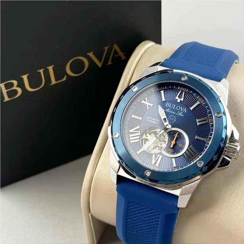 Bulova Marine Star 98A303 Men`s Automatic Watch Blue Dial Rubber Strap