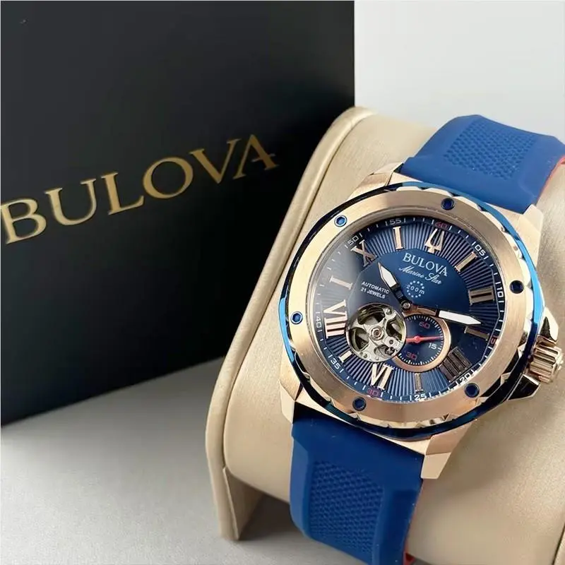 98A227 Marine Star Blue Gold Dial Silicone Strap Automatic Men`s Watch by Bulova