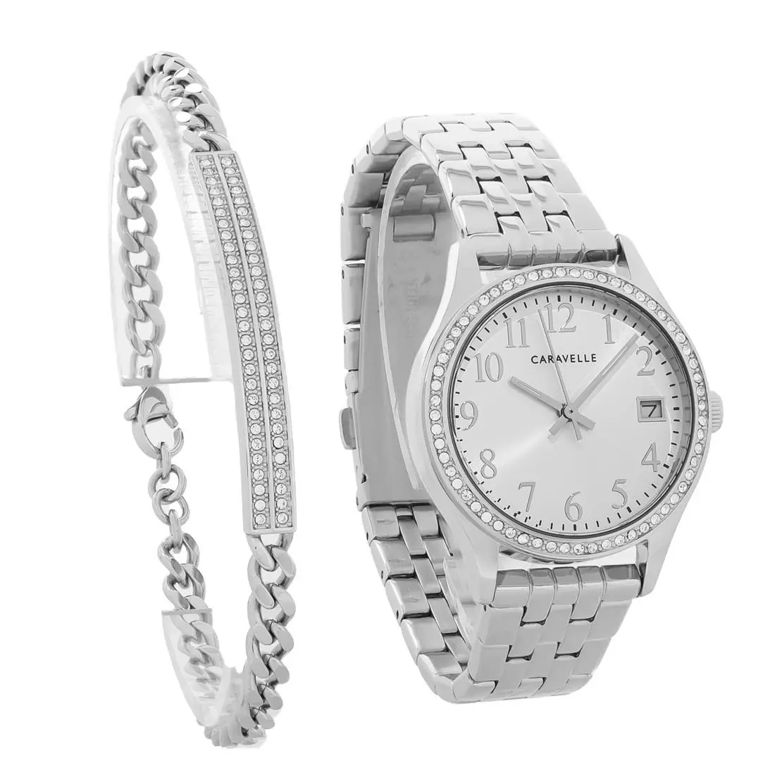 Bulova Caravelle Women`s Bracelet Set Crystal Stainless Silver Dial Quartz Watch 43X104