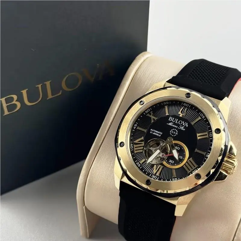 Bulova Marine Star 98A272 Automatic Men`s Watch Black Gold Dial Rubber Strap