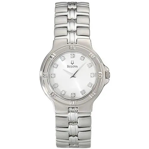 Bulova White Dial 12 Diamonds Markers Stainless Steel Women`s Watch 96D04