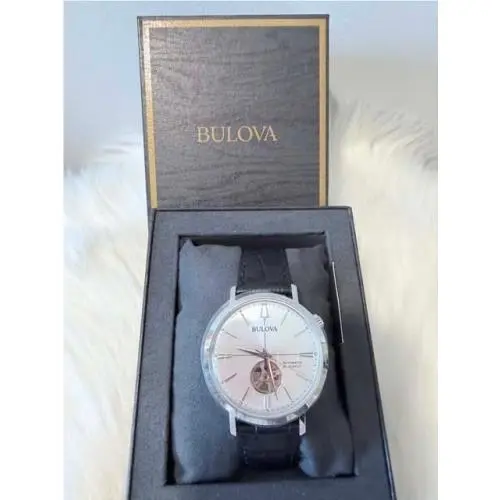 Bulova Automatic 21 Jewels Men Watch 96A315 Silver Dial Black Leather Strap