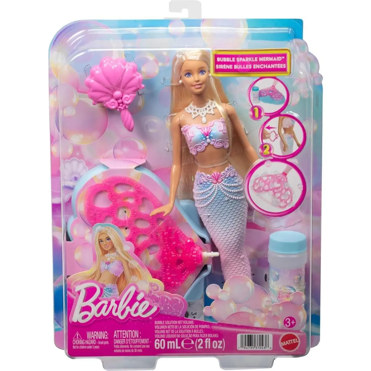 Fantasy Bubble Sparkle Mermaid 13.25-Inch Doll Make Bubbles with Barbie Pink