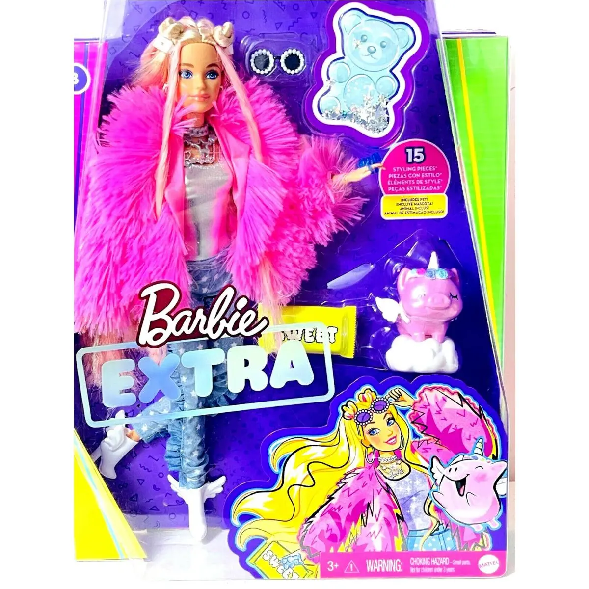 Mattel Barbie Extra 3 Blonde Doll Styling Pieces Pink Fur Unicorn Pig