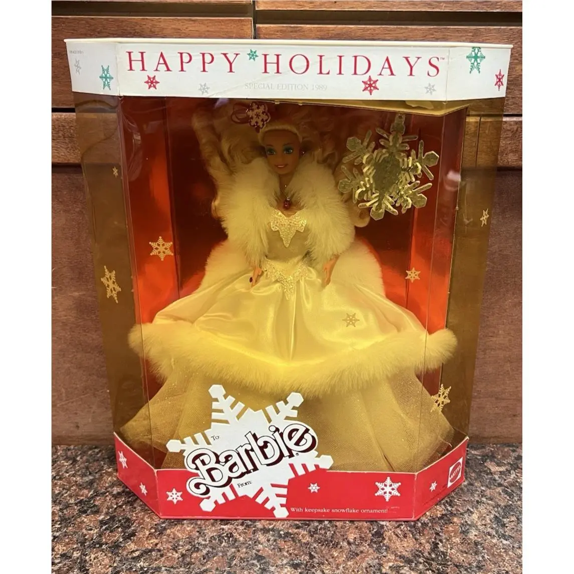 1989 Mattel Barbie Doll Ornament Special Edition Happy Holidays White Dress b1