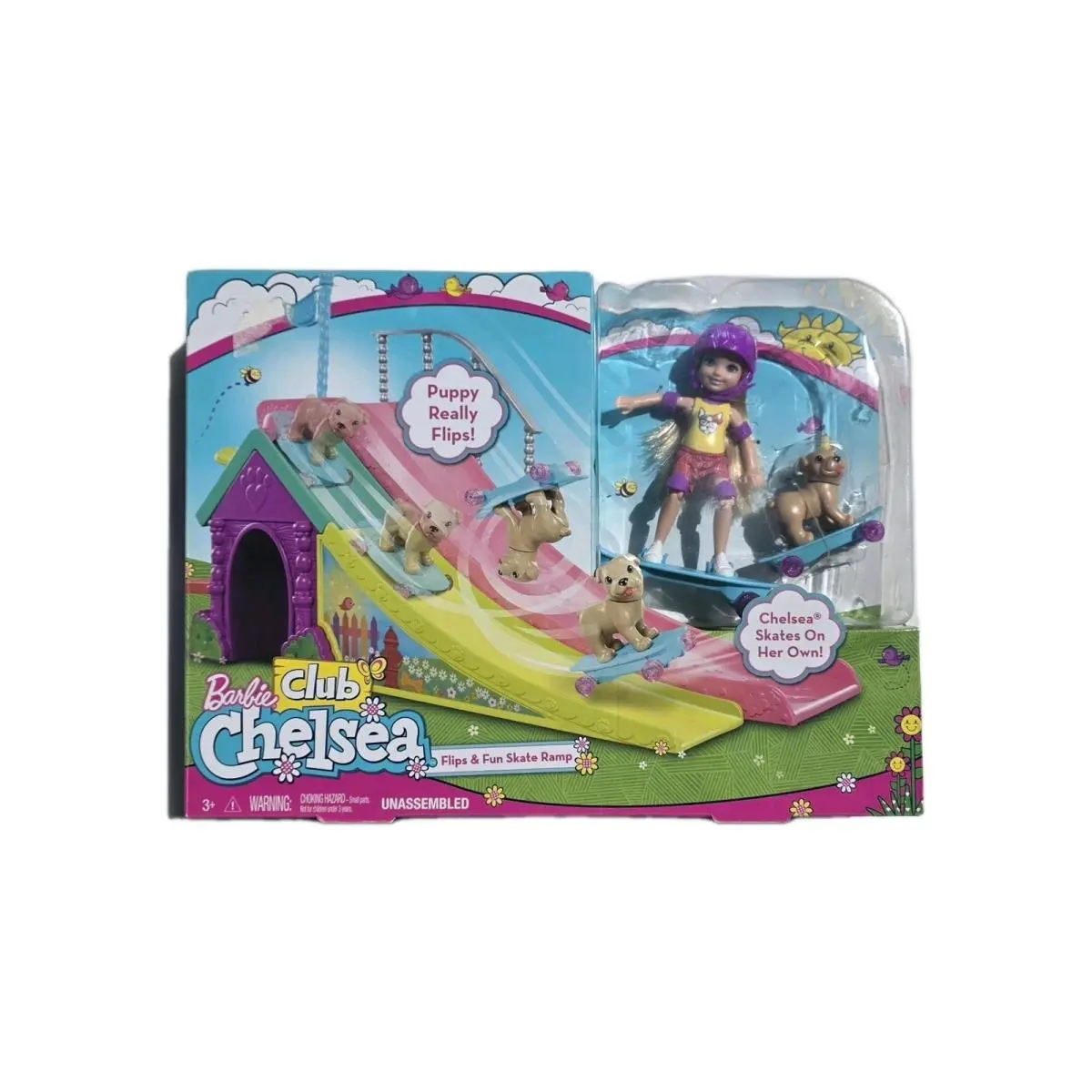 2016 Mattel Barbie Club Chelsea Flip Fun Skate Ramp Doll and Puppy