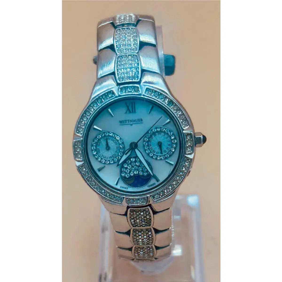 Wittnauer Orpheum Diamond Bezel Bracelet Mother of Pearl Moonphase Swiss Quartz