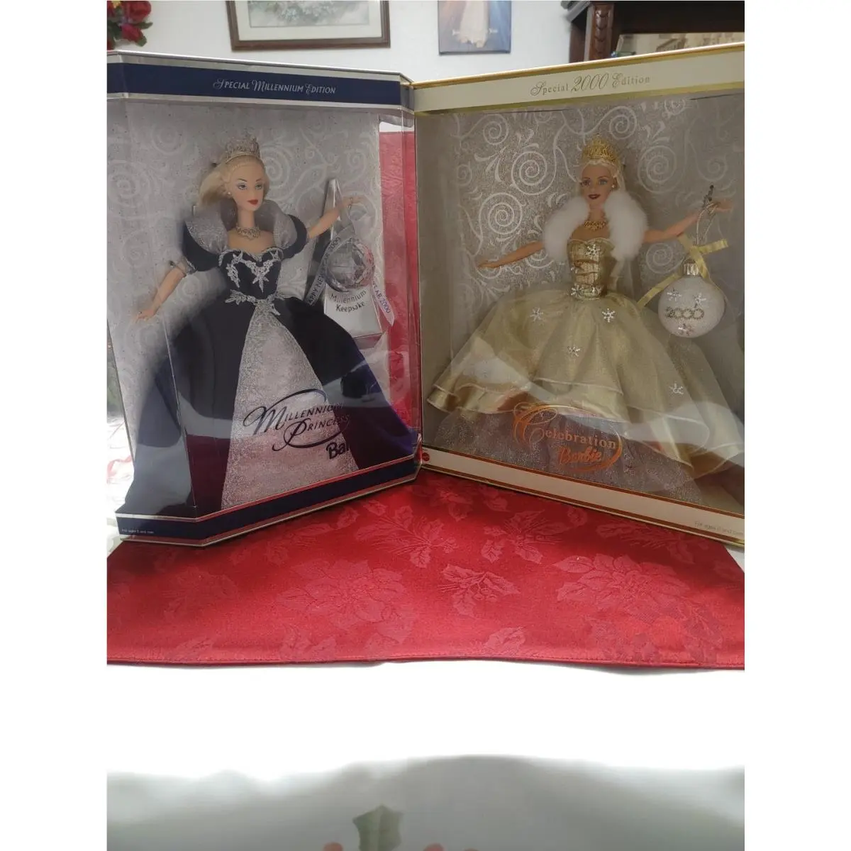 Setof Two 2000 Millennium Barbie Dolls One Gold Dress/ 2000 One Blue Princess