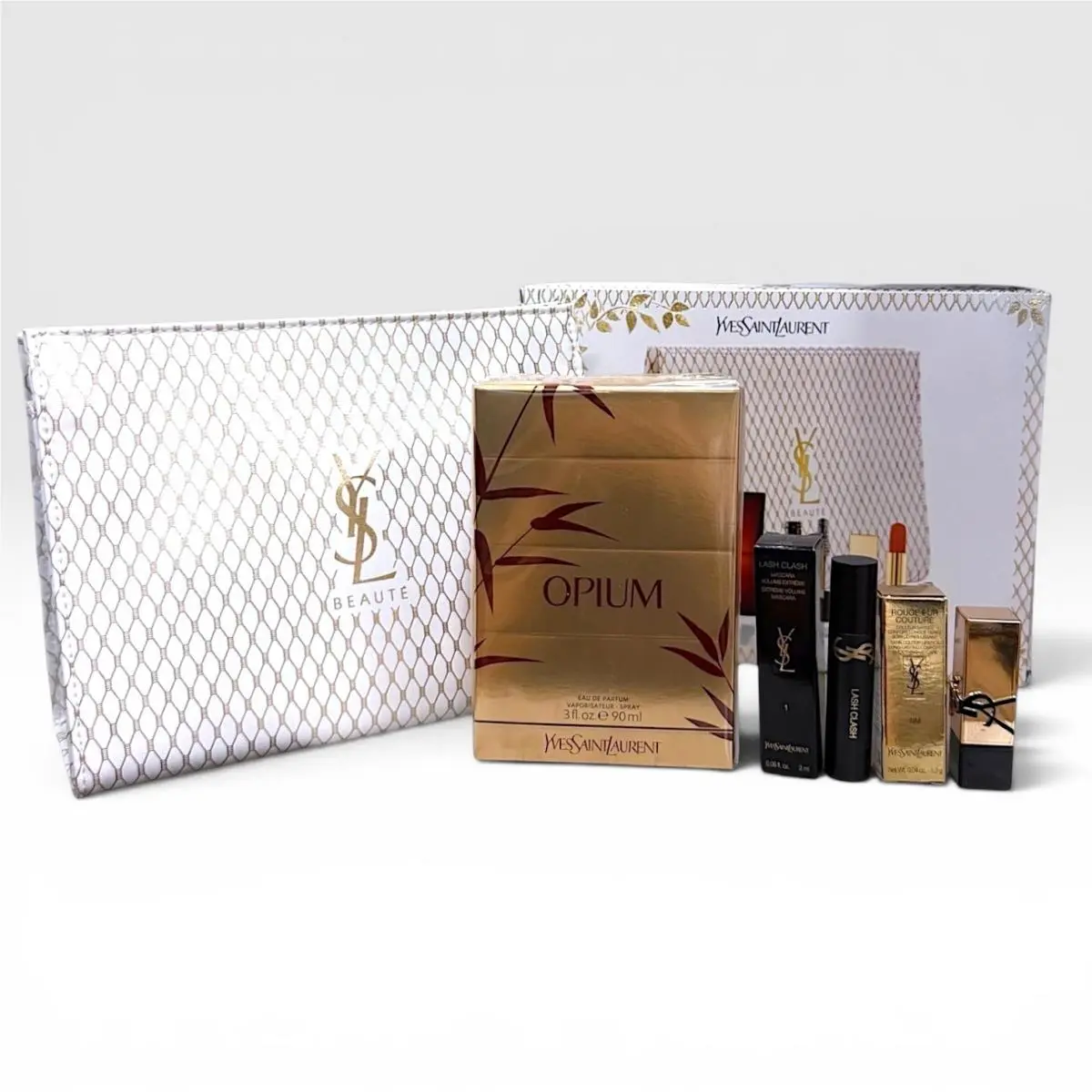 Ysl Saint Laurent Set Opium Edp 3 oz /rouge Lipstick/black Mascara Makeup Bag