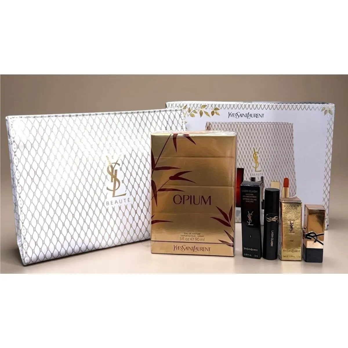 Ysl Saint Laurent Set Opium Edp 3 oz /rouge Lipstick/black Mascara Makeup Bag