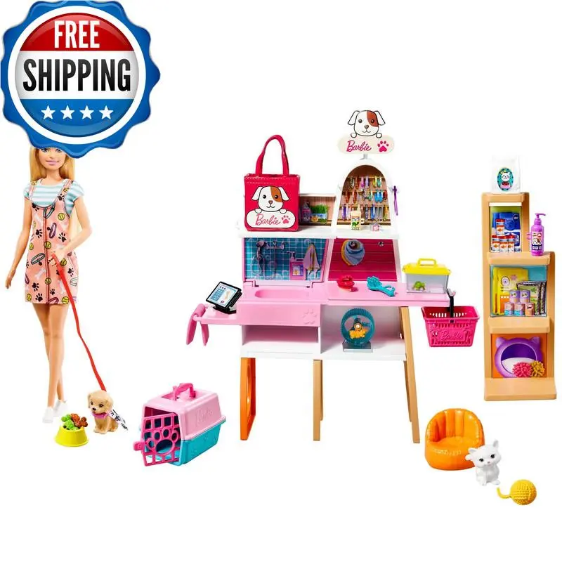 Barbie Doll 11.5-In Blonde and Pet Boutique Playset 4 Pets Color-change