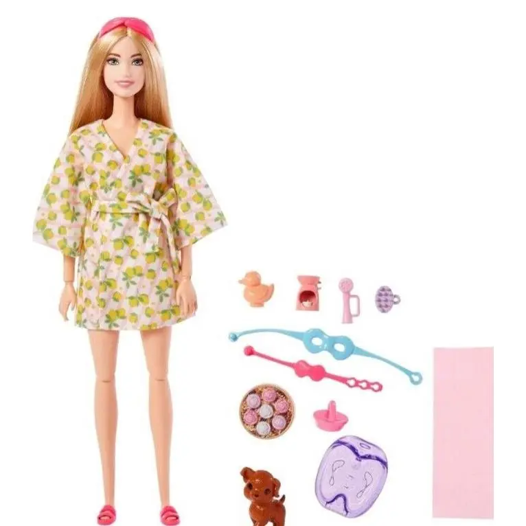 Barbie Self-care Posable Doll Blonde Spa Day Doll in Bathrobe with Puppy…