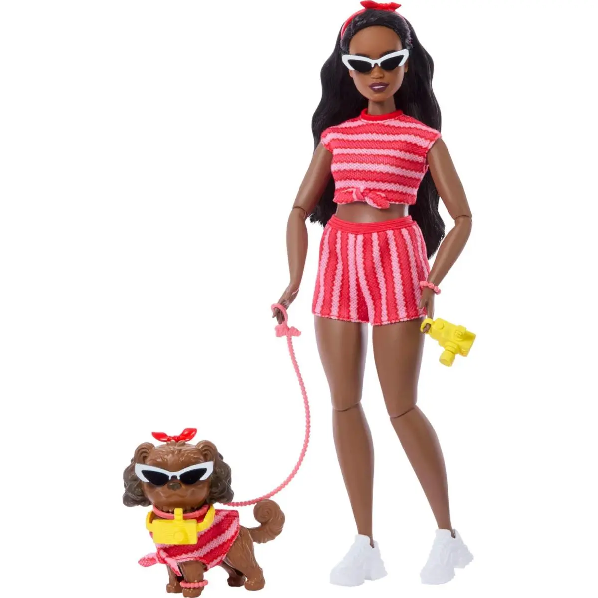 Barbie Twinning Looks Doll with Pet Dog in Matching Red Striped Clothes and Acce