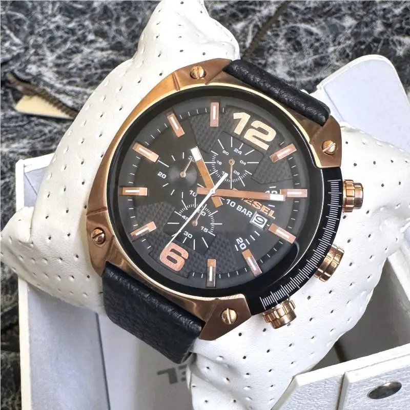 Diesel Overflow Chronograph Black Dial Black Leather Men`s Watch DZ4297