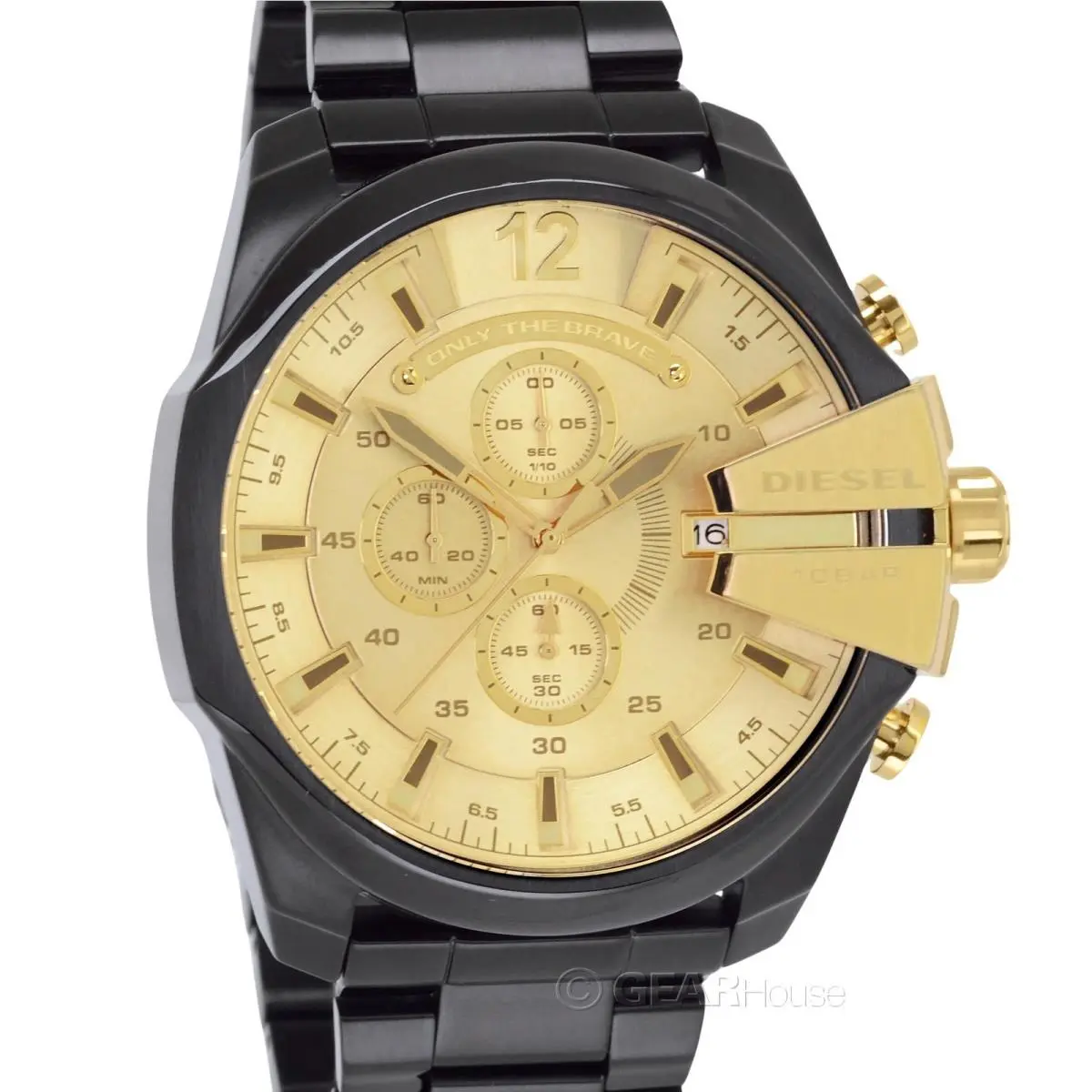 Diesel Mega Chief Mens Chronograph Watch Gold Dial Black Stainless Steel Band