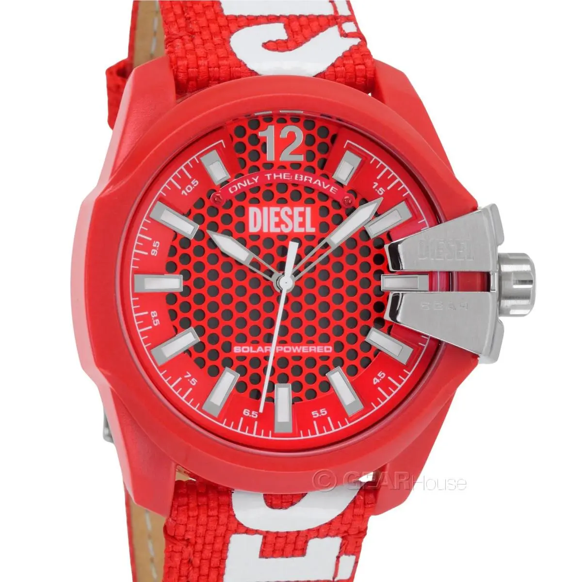Diesel Baby Chief Mens Solar Powered Watch Red Dial Canvas Textile Logo Band