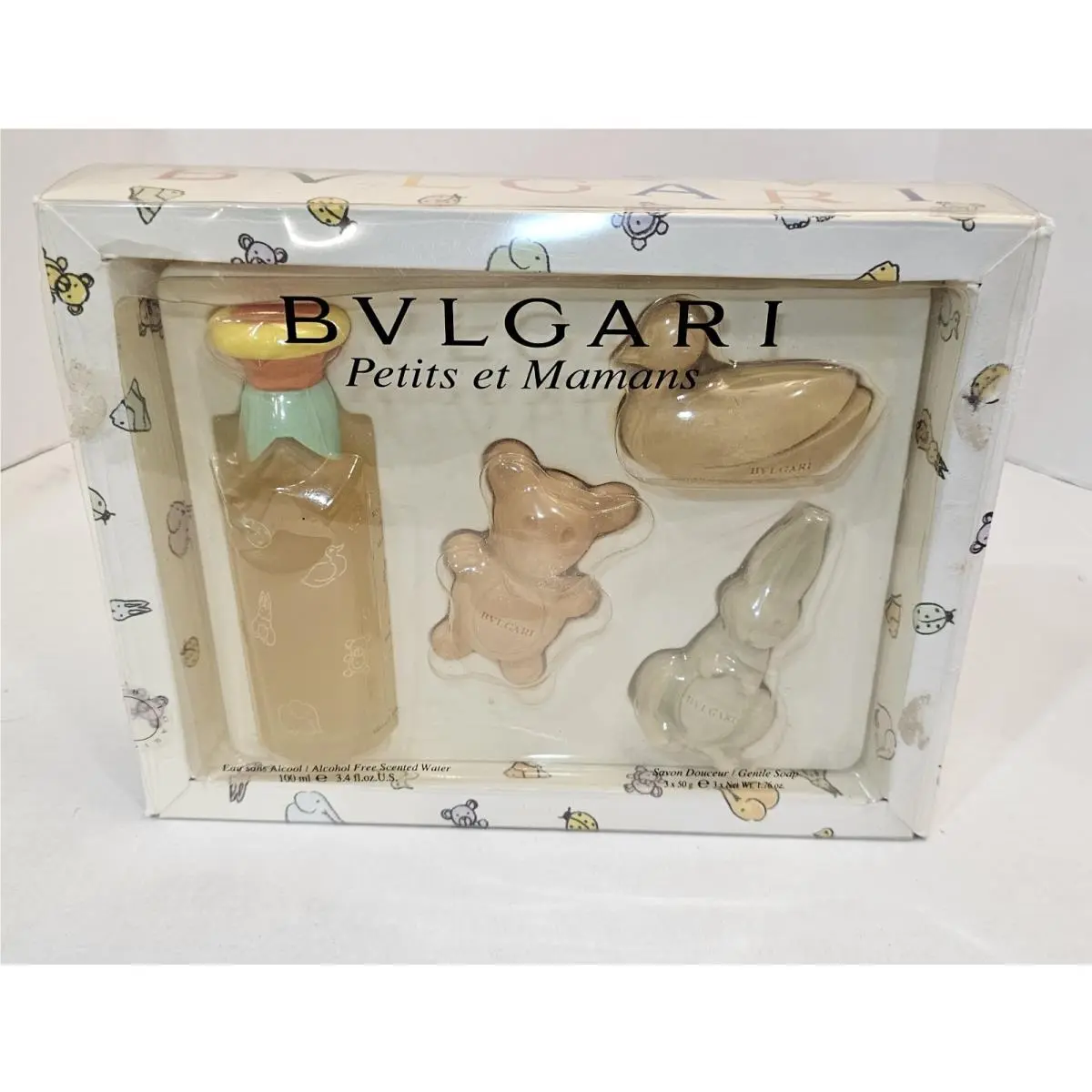 Bvlgari Petits ET Mamans Bath Gift Set Scented Water 3.4oz 3 Shaped Gentle Soaps