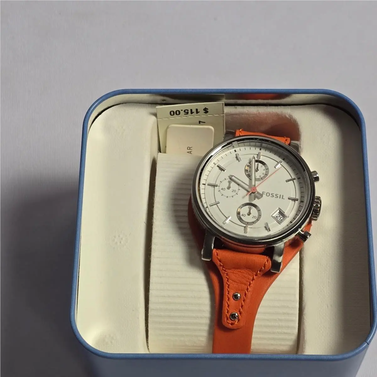 Fossil Del Rey Chronograph Orange Leather Cuff Watch ES3768 Silver Cream Dial