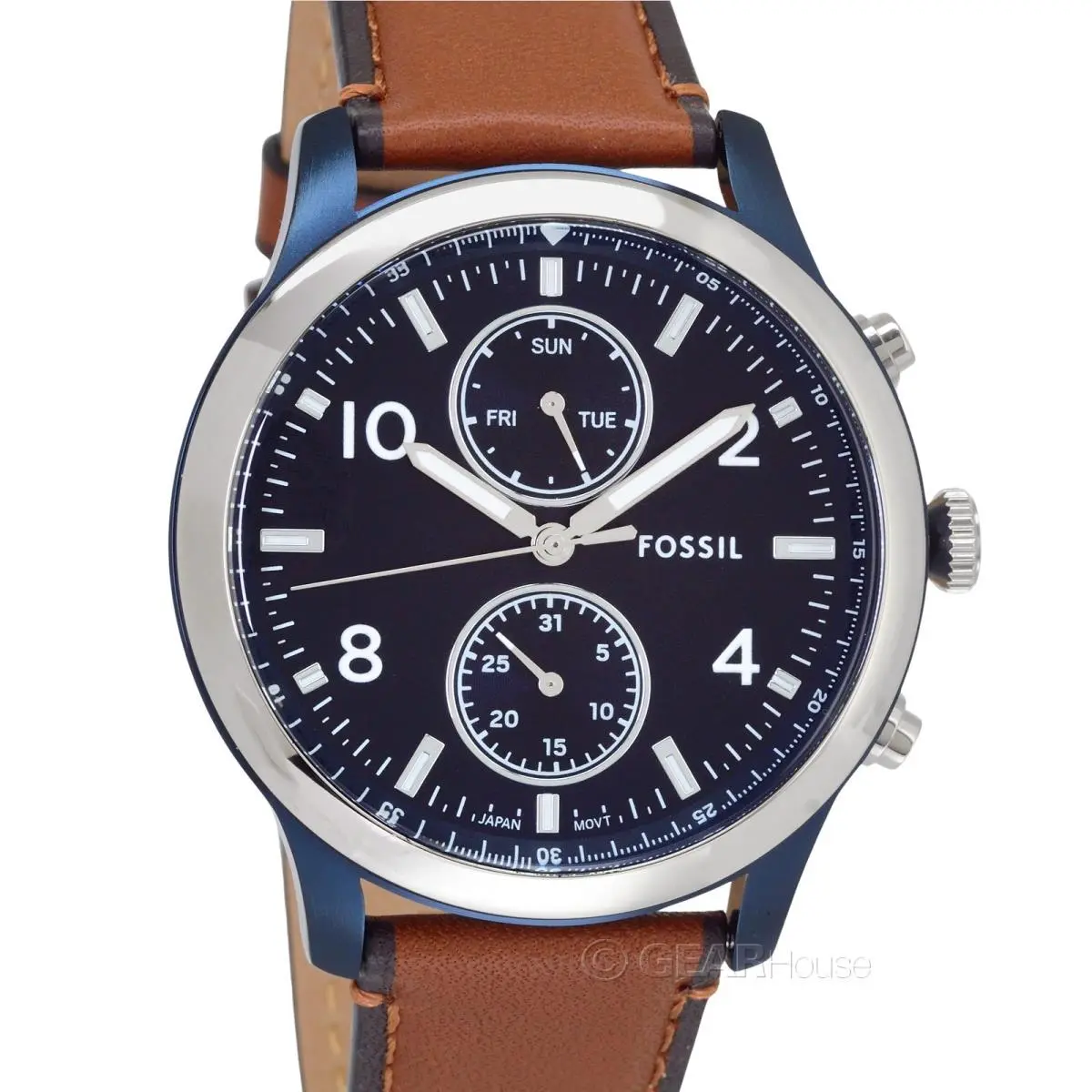 Fossil Bennett Mens Multifunction Watch Blue Silver w/ Date Brown Leather Band