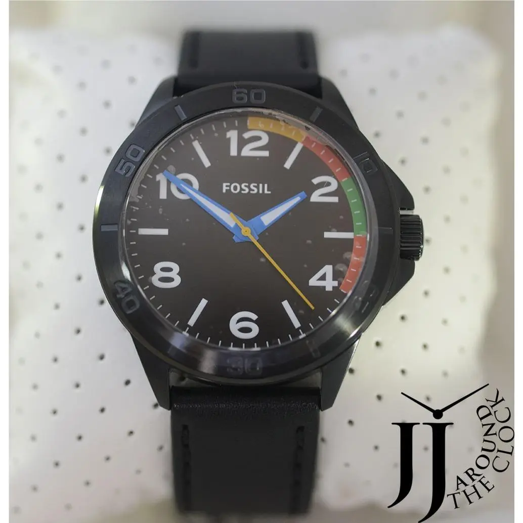 Fossil Modern Century 45mm Luminous Rainbow Black Leather Men`s Watch BQ2356