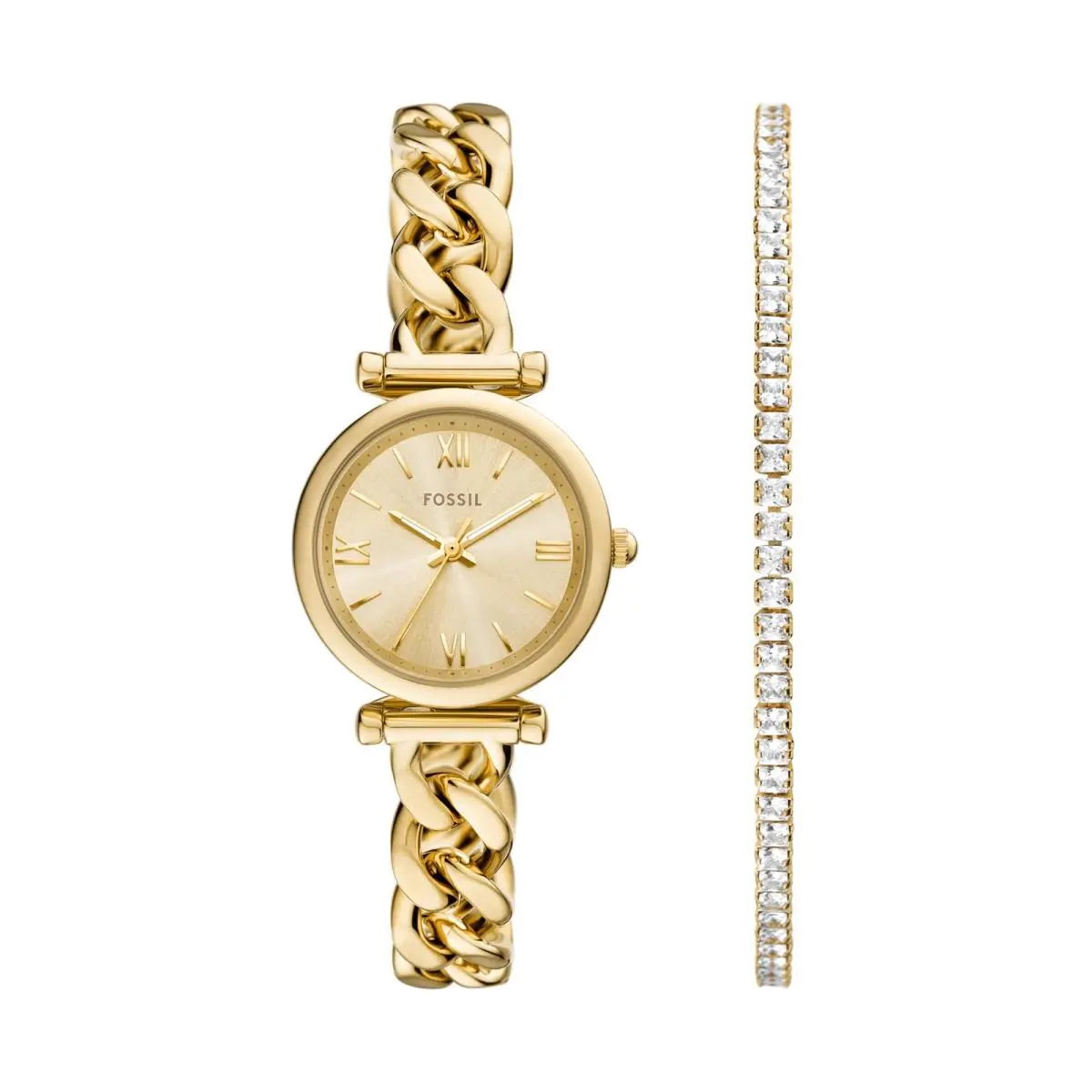 Women`s Watch and Bracelet Set Carlie 28MM Gold Chain Gift Set by Fossil