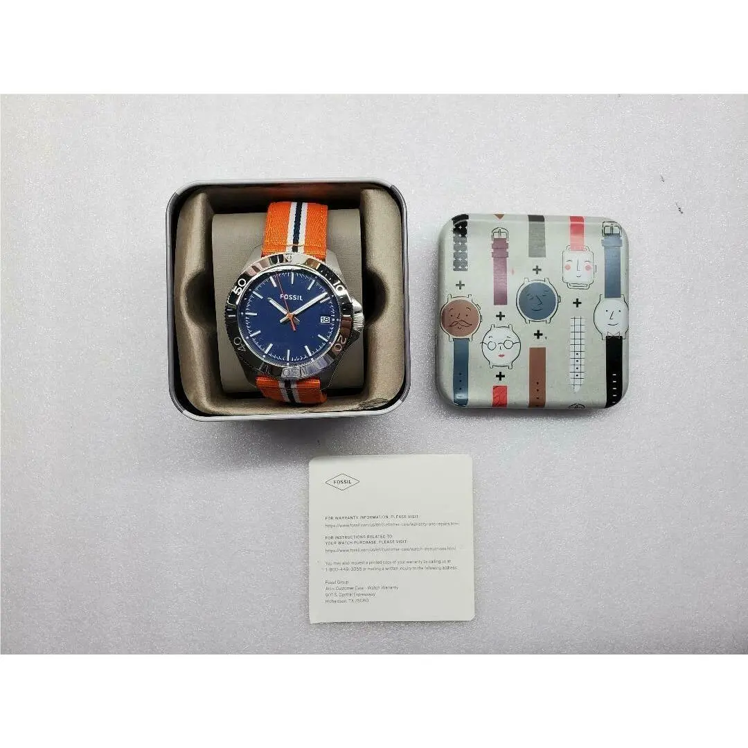 Fossil Retro Blue Dial Date Multi-color Nylon Strap Men`s Watch AM4478